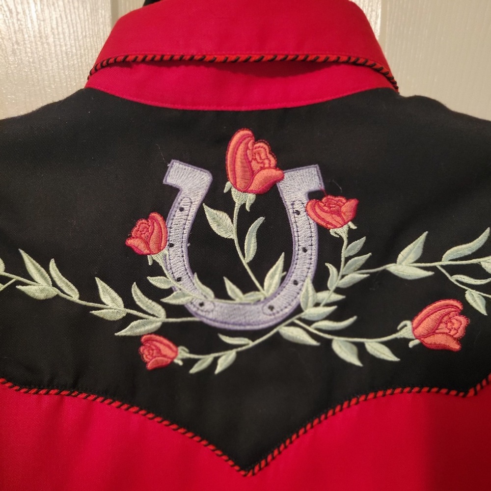 Scully Shirt Red Western Snap on Smile Pockets Pearl Snap Rose Floral-M - Picture 5 of 12